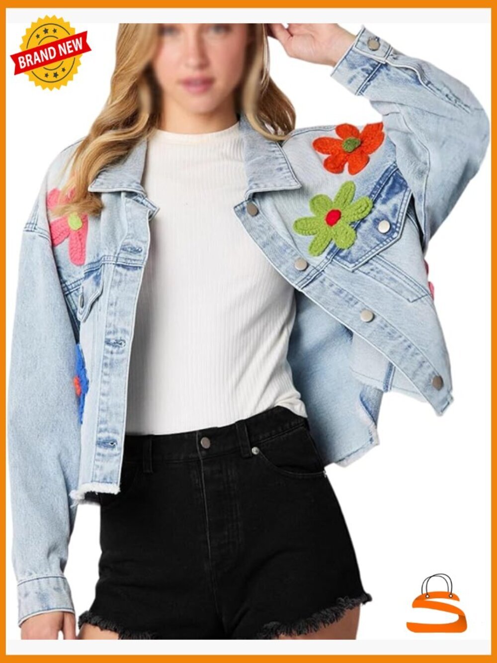 Y2K 3D Flower Patchwork Crop Raw Hem Denim Jacket